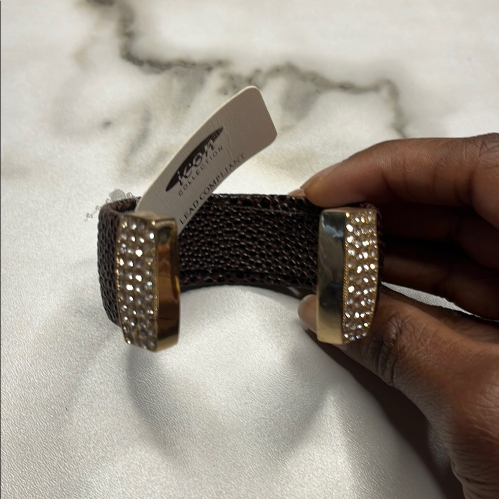 Brown Textured Bracelet with Gold Rhinestones